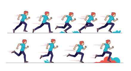 Fototapeta premium Animation sprite sheet sequence showing a young man with red hair in various frames of a running cycle on white.