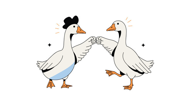 Two funny white geese standing together and giving a friendly fist bump with their wings on a white background.