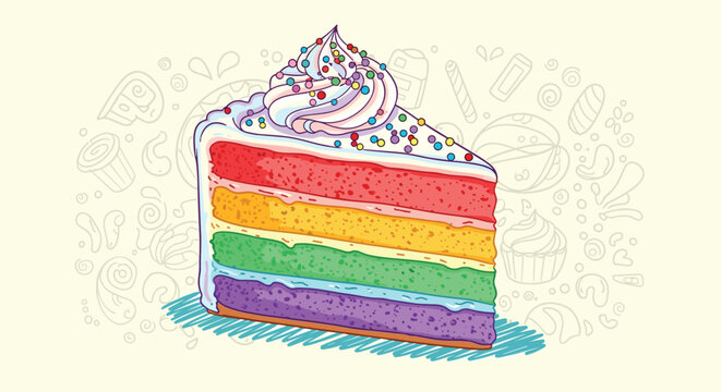 Delicious slice of multi-layered rainbow cake with white cream frosting and colorful sprinkles on top and back.