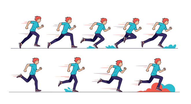 Animation sprite sheet sequence showing a young man with red hair in various frames of a running cycle on white.