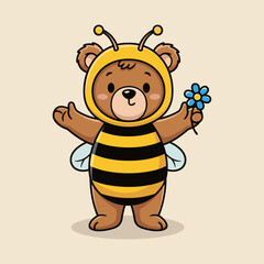 Obraz premium Cheerful bear in bee costume holding flower Vector