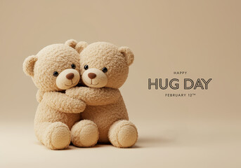 Obraz premium Two Fluffy Teddy Bears Hugging on a Soft Beige Background for Hug Day embrace