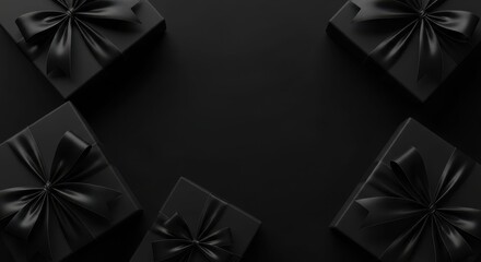 Mysterious Gifts: A collection of meticulously wrapped black gift boxes, each adorned with a luxurious silk ribbon, arranged artistically, creating a sense of anticipation and elegance.