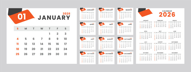 modern 2026 calendar design set with clean minimal layout, full year calendar and monthly pages, professional corporate style, sunday start, orange and gray color theme, calendar template