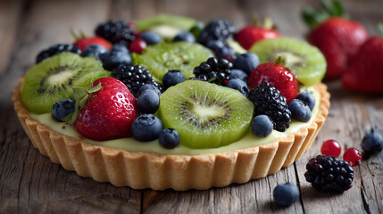 Delicious fruit tart with kiwi strawberries blueberries and blackberries on a wooden surface