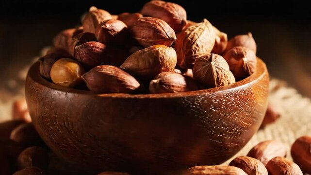 Close-up view of a wooden bowl filled with delicious and nutritious hazelnuts for healthy snacking and culinary inspiration