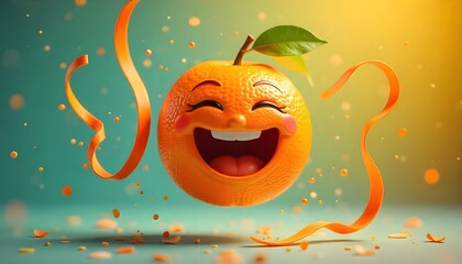 Joyful Cartoon Orange with Leaf and Peel Ribbons on Teal Yellow Background