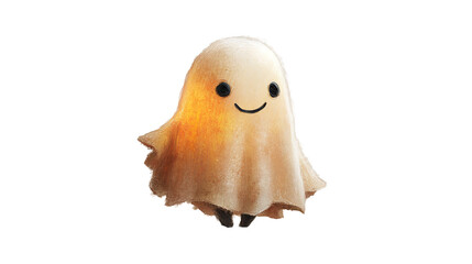 Cartoon ghost illustration featuring a simple smile, black eyes, on a white backdrop, cutout.