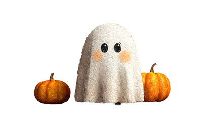 Halloween ghost with orange pumpkins, spooky season decoration elements, white background, isolated image