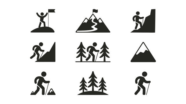 Black silhouette icons depicting hiking mountains and successful mountain climbing