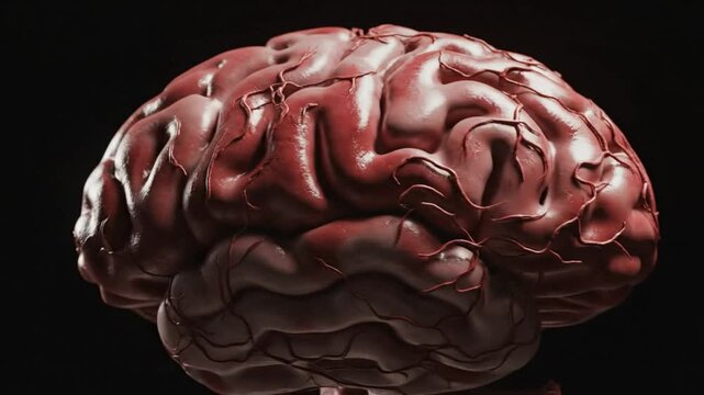 Rotating realistic 3D animation of a human brain with its surface textures and veins against a dark background.