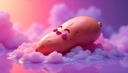 Smiling Cartoon Sweet Potato on Dreamy Cloud Background