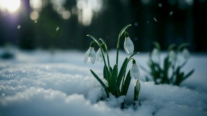 Snowdrop flowers pushing through fresh snow at dawn in forest. Generative AI. 