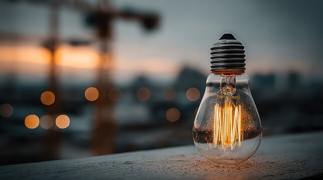 A lit, vintage bulb sits on a ledge with a construction backdrop