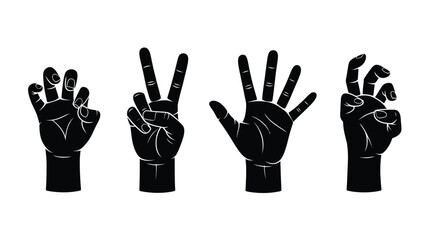 Obraz premium Four black silhouette hands displaying different hand gestures and signs