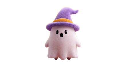 Ghost wearing purple witch hat with orange band cutout on white background.