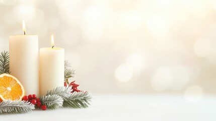Burning Candles with Winter Charm: Two softly glowing candles illuminate a cozy winter scene, accompanied by frosted evergreen boughs, vibrant red berries, and a segment of fresh citrus fruit.