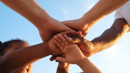 Unity and teamwork symbolized by a group of diverse hands joined together in a circle under a bright sky, representing cooperation and shared purpose