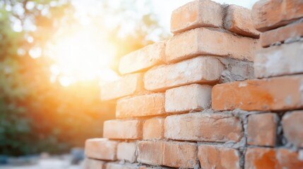 Obraz premium Bricks in the Sunshine: A close-up shot of a brick wall under the bright glow of the sun, highlighting the texture and structure of the bricks. 