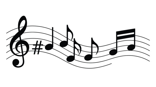 Musical notes and treble clef on a wavy staff represent melody