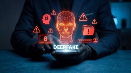 a man holding a phone displaying a glowing digital human face surrounded by security icons representing the concept of deepfakes and data security concerns