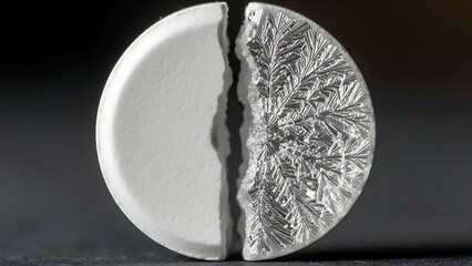 A broken white pharmaceutical tablet revealing an intricate, complex crystalline internal structure, highlighting the hidden science of medication composition