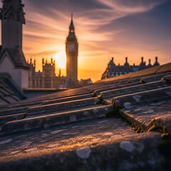 Big Ben and Houses of Parliament at sunset from rooftop view.