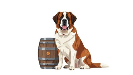 Illustrated Saint Bernard with barrel on white background.