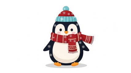 Cute cartoon penguin in winter attire on a white background.