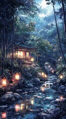 Japanese style cabin lights in the forest