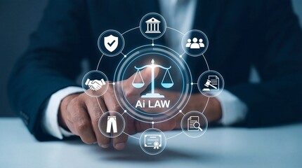 A professional in a suit interacts with a digital interface displaying legal icons and the text ai law signifying the intersection of technology and justice