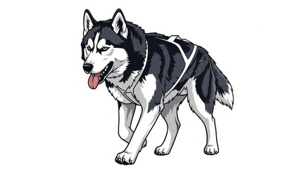 Illustration of a Siberian Husky in a harness.