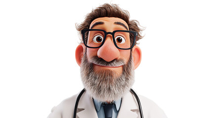 Bearded doctor illustration wearing black glasses and a white coat with stethoscope, Isolated