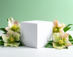 White cube surrounded by pastel spring flowers hellebores on soft green gradient background. Perfect for cosmetic product display, skincare branding, or packaging mockup.