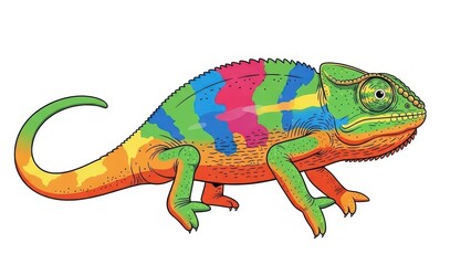 Colorful chameleon illustration with vibrant patterns.