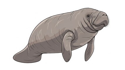 Illustrated manatee swimming gracefully underwater.