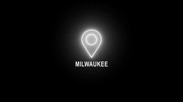 &ldquo;Neon white Location Pin Icon with Glowing Light Effect on Dark Background &ndash; Modern Milwaukee City Map Marker Design, Futuristic Urban Navigation Symbol Digital Place Pointer.
