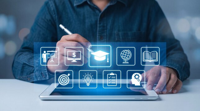 a person interacting with a digital tablet displaying various educational icons and data visualizations representing modern learning and technology integration - Powered by Adobe