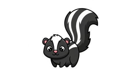 Adorable cartoon skunk with big eyes and fluffy tail.