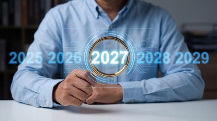 a man examining a glowing ring with the year 2027 highlighted surrounded by future years and digital elements high quality professional