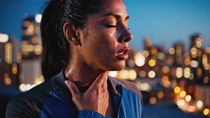 Exhausted female athlete checking pulse after nighttime workout with city lights in the background