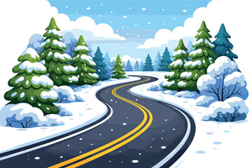 Obraz premium Winding winter road through snow-covered evergreen forest