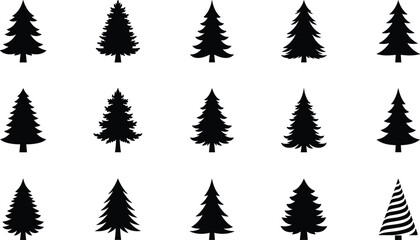 Evergreen pine tree silhouettes set isolated on white background showing forest nature icons minimal woodland graphic design illustration collection