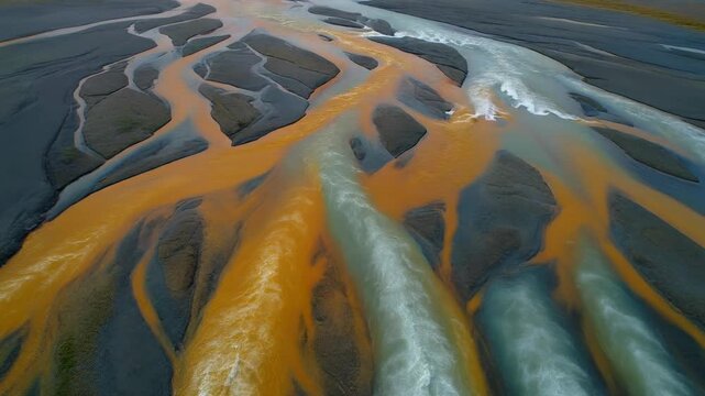 Aerial panorama of a vibrant braided river system flowing through a volcanic landscape. The colorful glacial water and mineral sediments create a stunning abstract natural pattern