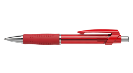 macro shot of a premium, horizontally positioned, candy-apple red, semi-transparent ballpoint pen with a dark crimson ergonomic grip and chrome nib, isolated on a transparent studio background with