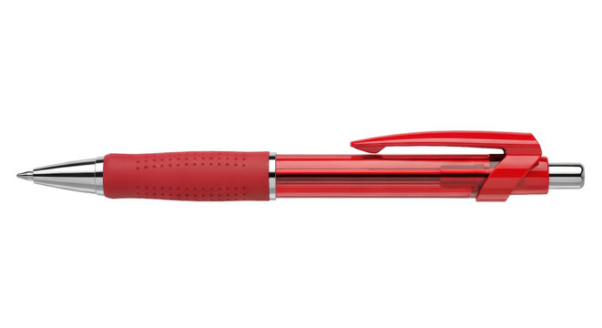 macro shot of a premium, horizontally positioned, candy-apple red, semi-transparent ballpoint pen with a dark crimson ergonomic grip and chrome nib, isolated on a transparent studio background with