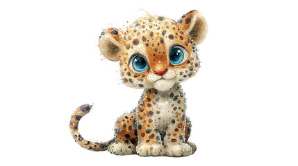 Illustration of baby leopard cub, tan spots, light blue eyes, isolated, cutout, white background.