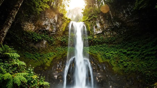 Stunning waterfall cascades down rocky cliffs surrounded by lush green vegetation and sunlit forest