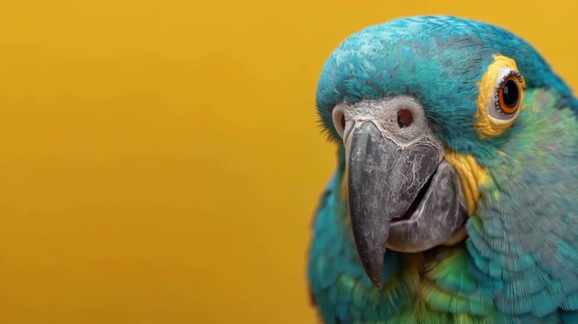 Colorful blue and yellow macaw parrot portrait on vibrant warm background for educational and creative projects