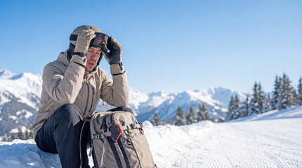 Skier resting on slope adjusting goggles with snowy mountain background